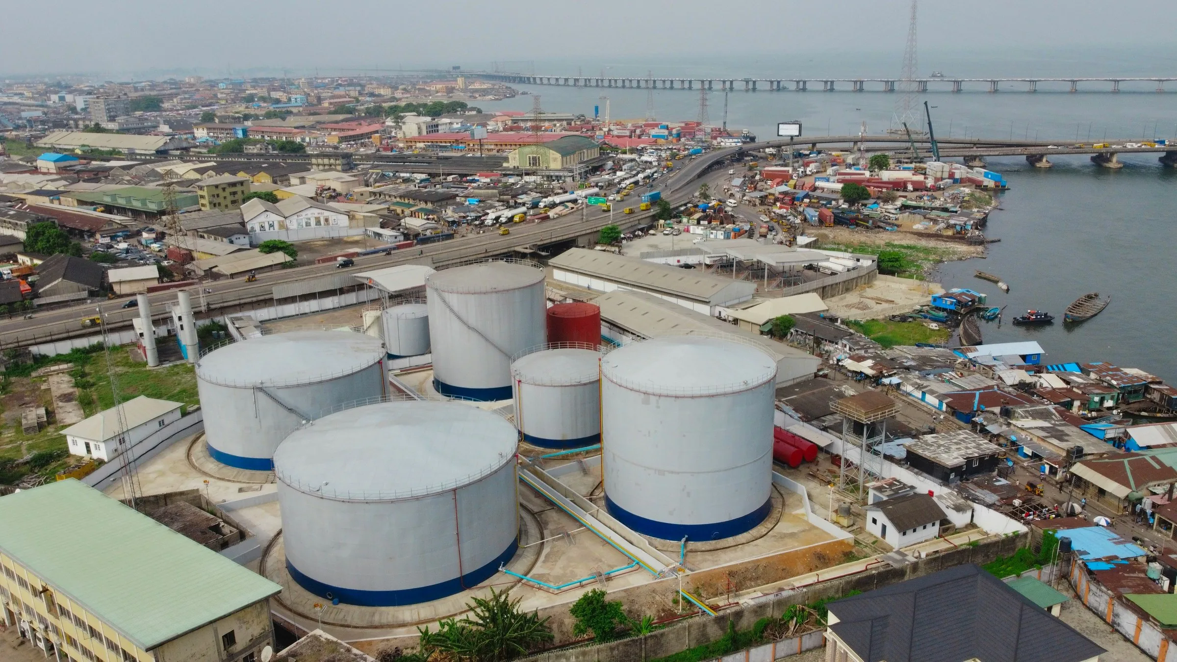 Fuel storage tanks beside the Lagos lagoon